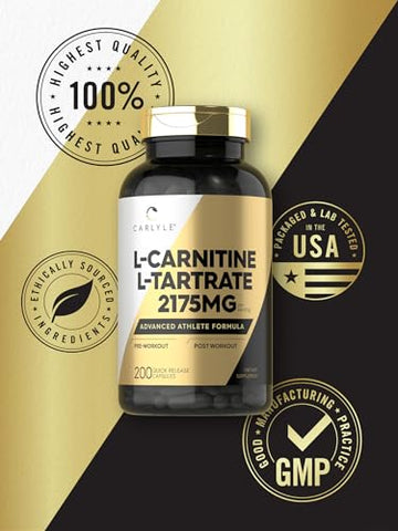 L Carnitine Tartrate | 2175mg | 200 Cápsulas | Fórmula Avançada para Atletas | Suplemento para Treino | Como L-Carnitina L-Tartarato | Não-OGM, Sem Glúten - Carlyle