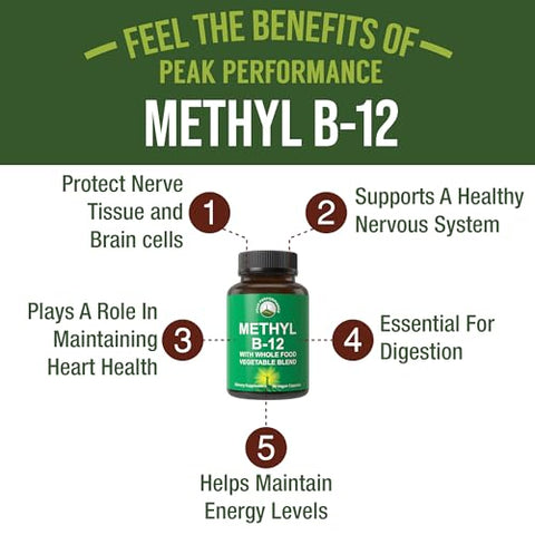 Peak Performance - Vitamina B12 Methylcobalamin – Blend de 25 Vegetais e Frutas para Máxima Absorção. Energia, Foco e Alívio. 30