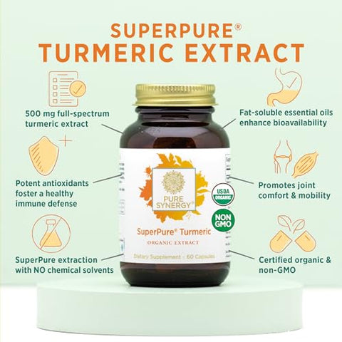 PURE SYNERGY - Pure Synergy SuperPure Extrato de Cúrcuma Orgânica | Suplemento de Curcumina de Cúrcuma | Cápsulas de Extrato de Cúrcuma 500 mg | Suporte Potente para a Saúde Imunológica e Articular (60 Cápsulas)