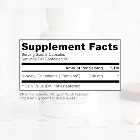 Pure Therapro Rx - S-Acetyl Glutathione GOLD – 120 Cápsulas Resistentes ao Ácido | 100mg por Cápsula | Forma Acetilada Patenteada de Glutationa (Emothion) | Fornecimento de 2-4 Meses | ZERO Preenchedores ou Agentes de Fluxo