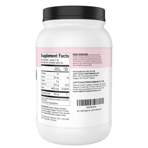 Left Coast Performance - Pó de Colágeno Multi com Biotina, Ácido Hialurônico, Vitamina C (Tamanho Econômico 2lb) | Suplemento de Colágeno Hidrolisado (Tipos I, II, III, V, X). Cabelo, Pele, Unhas para Mulheres, Homens
