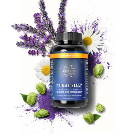 Suplemento Primal Harvest Primal Sleep Support, 60 Cápsulas com Raiz de Valeriana, L-Triptofano, GABA, Camomila e Melatonina 3mg – Suporte para um Sono Primal de Qualidade