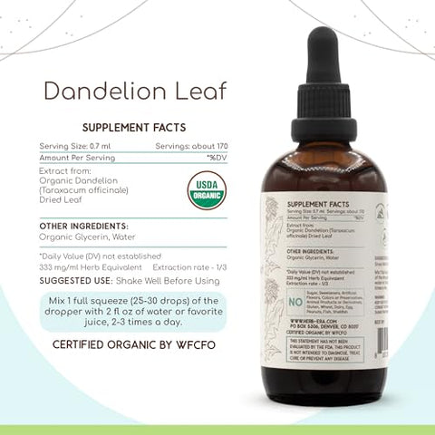 HerbEra - Dandelion Leaf B120 Tintura Orgânica USDA | Extrato Livre de Álcool, Gotas Herbais de Alta Potência, Sistema Digestivo | Folha de Dente-de-leão Certificada Orgânica (Taraxacum Officinale) Seca