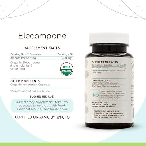 HerbEra - Elecampane Orgânico USDA 60 Cápsulas | Suplemento Herbal Natural | Cápsulas Vegetarianas Certificadas Orgânicas e Raiz Seca de Elecampane Orgânico (Inula Helenium) (60 Cápsulas)