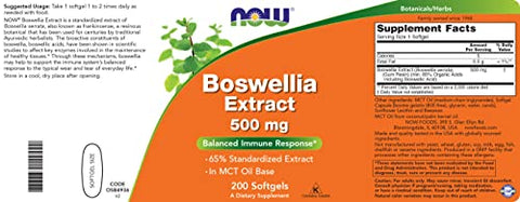 NOW Foods - Now Boswellia Serrata Extract 500 mg, 200 Softgels – Resina de Goma de Árvore em Base de Óleo MCT – Herbal Supplement