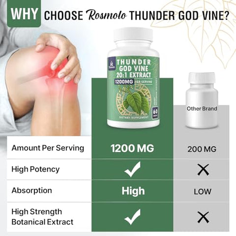 Rosmolo - 1200 MG Extrato de Raiz de Thunder God Vine 20:1, Suplemento Herbal Tripterygium Wilfordii, Fórmula Vegana com Extrato de Lei Gong Teng, 60 Cápsulas