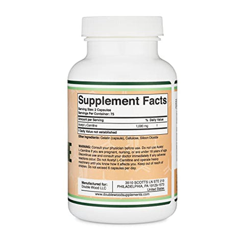 Double Wood Supplements - Acetyl L-Carnitine 1,000mg por Porção, 150 Cápsulas (ALCAR para Suporte à Função Cerebral, Memória, Atenção e Resistência) – Testado por Terceiros pela Double Wood