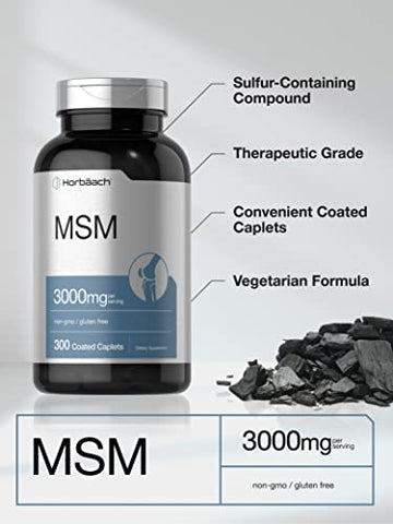 MSM | 3000mg | 300 Caplets Revestidos | Metilsulfonilmetano com Cálcio | Vegetariano, Não-OGM, Sem Glúten - Horbäach