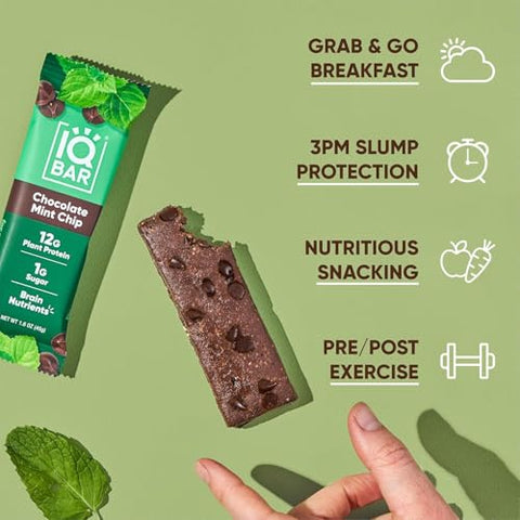 Generic - IQ BAR – Barras de Proteína Vegetal para o Cérebro e o Corpo – Chocolate Chip de Hortelã – 12 Unidades, Baixo Carboidrato, Alta Fibra, Sem Glúten, Snacks Veganos – Barras Energéticas com Baixo Teor de Açúcar para Keto