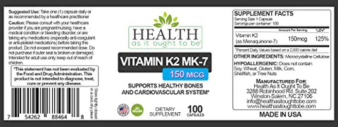 Vitamina K2 MK7 150mcg Health As It Ought To Be | Com Vitamina D | Livre de Soja | Testado para Pureza e Potência | 100 Cápsulas