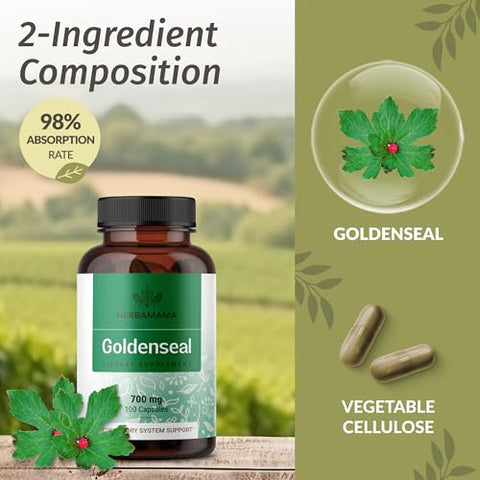 Cápsulas de Pó de Hydrastis – 700 mg Raiz de Hydrastis em Cápsulas de Suporte Imunológico – Cápsulas de Suporte Respiratório – Vegano, Não-OGM – 100 Cápsulas - HERBAMAMA