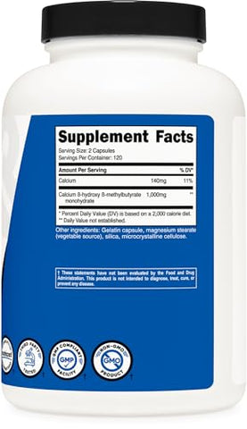 HMB 1000mg (240 Cápsulas) – 500mg por Cápsula, 120 Porções – Livre de Glúten e Não-OGM - Nutricost