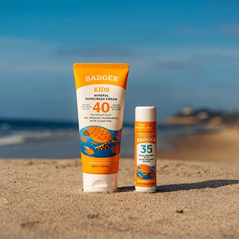 Combo Protetor Solar Infantil Mineral, Creme FPS 40 e Stick Facial FPS 35, Amplo Espectro Resistente à Água com Óxido de Zinco, Tangerina e Baunilha, 100% Seguro para os Recifes - Badger