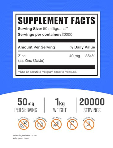 Zinc Oxide Powder BulkSupplements.com – 40mg de Zinco, Suplemento de Óxido de Zinco, Pó de Zinco para Suporte Imunológico – Livre de Glúten, 50mg por Porção, 1kg (2.2 lbs) (Pacote de 1)