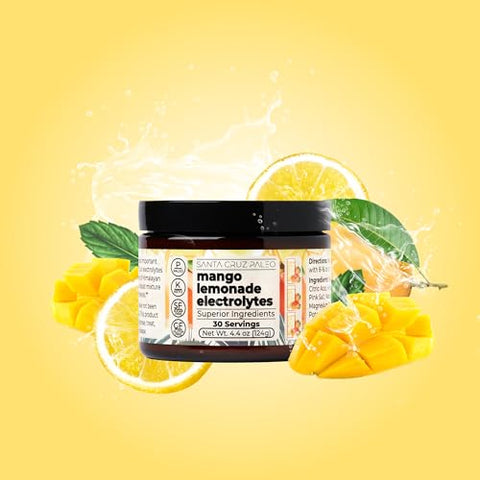 Real Salt Electrolytes Powder – Bebida de Hidratação em Pó de Limonada de Manga, Feita com Sal Rosa do Himalaia e Sal Marinho, Livre de Glúten, Keto, Sem Açúcar, Paleo, 30 Porções, 1g - Santa Cruz Paleo