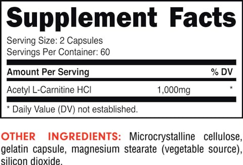 Acetyl L-Carnitine 1000mg por Porção, Suporta Função Cerebral Essencial (60 Porções, 120 Cápsulas) - Bucked Up