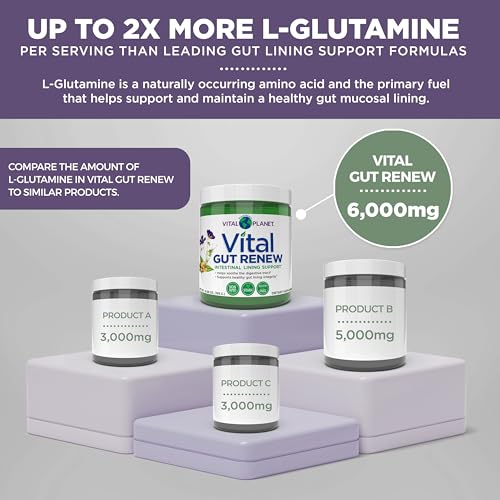 Renovação Vital do Intestino em Pó para Reparo do Intestino Permeável com L-Glutamina, Malva e Raiz de Gengibre, Raiz de Alcaçuz DGL e Aloe Vera Orgânica, L Glutamina 6000mg – Produto Vital Planet - Vital Planet