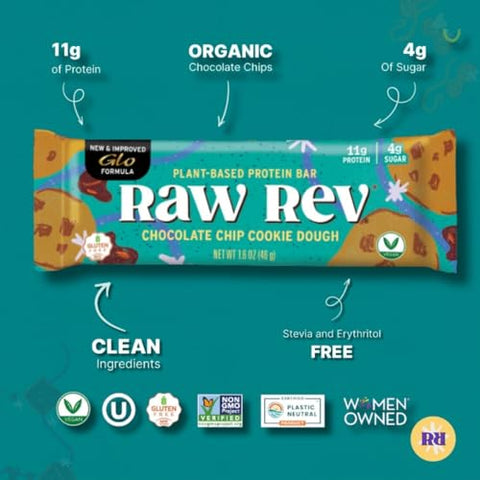 Raw Rev Glo - Barras Veganas de Alta Proteína Raw Rev, Massa de Biscoito com Gotas de Chocolate, 12g de Proteína Vegetal, 11g de Fibra, Keto, Não-OGM, 45g, Pacote com 12