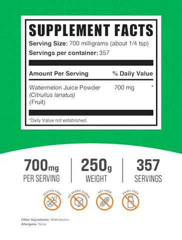 com Pó de Suco de Melancia – do Fruto de Melancia, Pó de Melancia – Pó de Frutas, Suplemento de Hidratação – 700mg por Porção, 250g (1 Pacote) - BulkSupplements