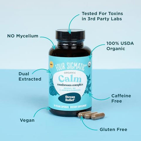 Cápsulas Four Sigmatic Calm | Suplemento Vegano para Alívio do Estresse e Promoção de Humor Positivo com Pó de Ashwagandha Orgânico, Cogumelo Reishi Orgânico, Tulsi (Extrato de Manjericão Sagrado) | 100% Natural e Eficaz