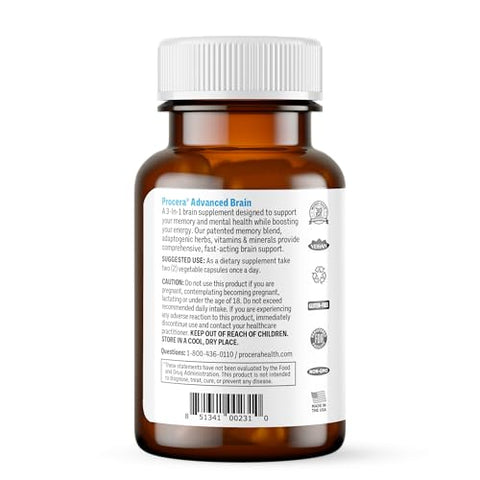 Procera - Advanced Brain – Ação Rápida – Ingredientes Apoiados por 100 Estudos – Melhora Memória, Recordação – Concentração – Clareza Mental – Retarda Declínio Cognitivo – 60 Unidades