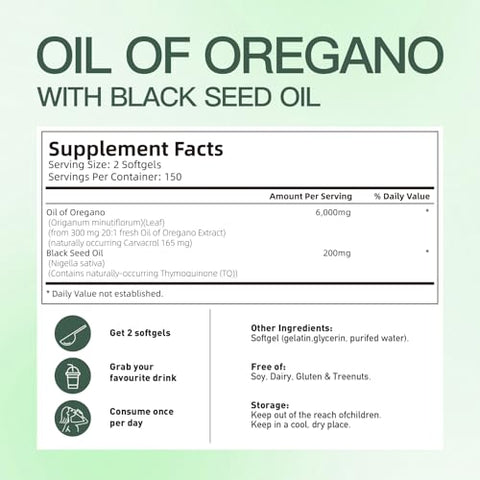 VivoNu - Óleo de Orégano Cápsulas Softgels | 6000mg de Óleo de Orégano com 200mg de Óleo de Semente Preta | Extrato Orgânico de Óleo de Orégano | Antioxidantes Naturais para Fitness | Livre de Transgênicos | Fórmula sem Glúten