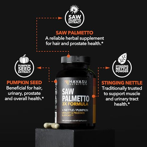 HAVASU NUTRITION - Suplemento de Saw Palmetto | Fórmula Potente 3X com Extrato de Urtiga e Semente de Abóbora | Bloqueador de DHT para Saúde Urinária