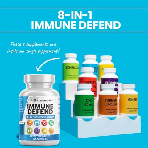 Clean Nutraceuticals - Suplemento 8 em 1 para Suporte à Defesa Imunológica c/ Zinco 50mg Quercetina, Vit C 1000mg, Vitamina D3 5000 UI, Sabugueiro, Cúrcuma Curcumina, Gengibre, Equinácea – Impulsionador do Sistema Imunológico