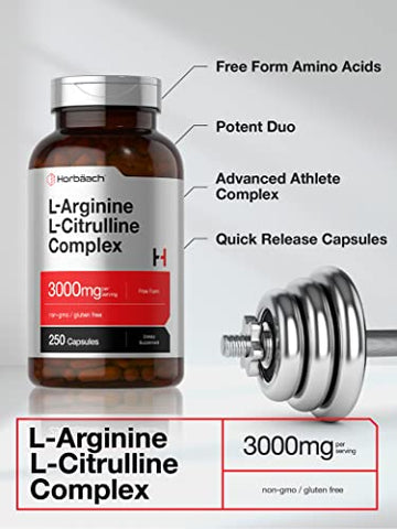 Complexo de L-Arginina e L-Citrulina | 3000mg | 250 Cápsulas | Suplemento Sem OGM, Sem Glúten - Horbäach