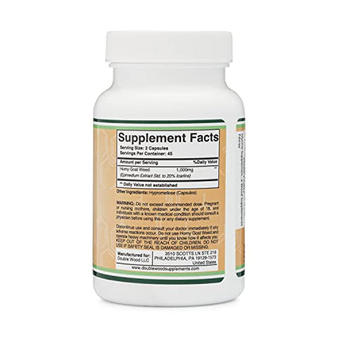 Double Wood Supplements - Horny Goat Weed para Homens e Mulheres – Sem Preenchedores (Força Máxima Epimedium Pad. para 20% Icariins) 1.000mg por Porção, 90 Cápsulas (Suplemento Potencializador Masculino) por Double Wood