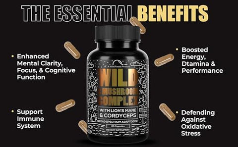 Complexo de Suplemento de Cogumelos Premium Wild Foods | Extrato de Cogumelo 13 Cogumelos Orgânicos: Cabeça de Leão, Cauda de Peru, Reishi | 100% Natural e Potente
