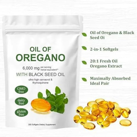 podafu - Óleo de Orégano Softgels, 300 Cápsulas Softgels de Suplemento de Óleo de Orégano, 2 em 1 Formulado com Óleo de Semente Negra 200mg, Não-OGM