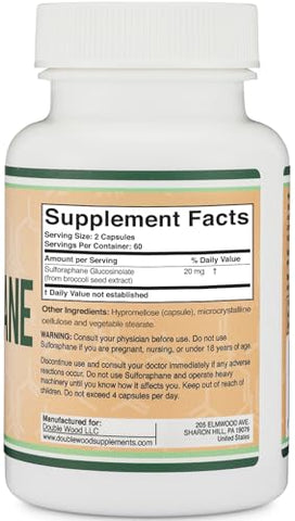 Double Wood Supplements - Suplemento de Sulforafano – 20mg de Sulforafano por Porção (120 Cápsulas) Extrato Potente de Brócolis para Envelhecimento Saudável (Derivado de Broto de Brócolis, Vegano) por Double Wood