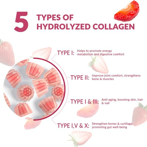 WEEVIT - Gomas de Colágeno Sem Açúcar para Mulheres, 2000mg Tipo I,II,III,V,X de Proteína com 5000mcg de Biotina Vitamina C D B12, Gomas de Peptídeos de Colágeno Hidrolisado para Imunidade Digestão Pele Cabelo