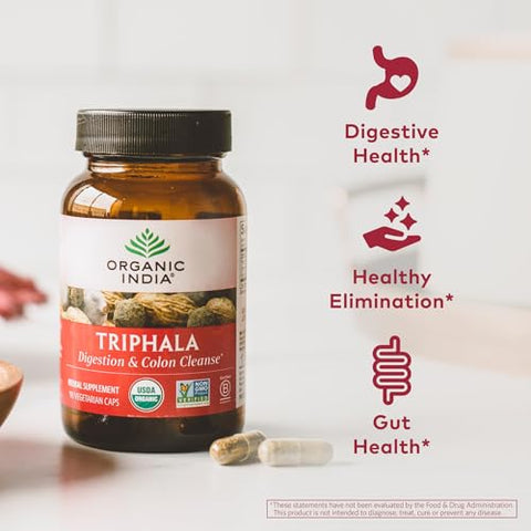 Triphala Cápsulas Orgânicas – Suplemento Herbal com Amla, Bibhitaki, Haritaki, Digestão | 100% Natural | 60 Cápsulas - ORGANIC INDIA