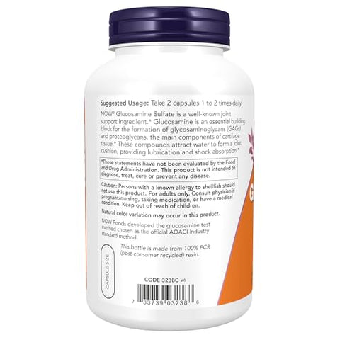 Suplementos, Glucosamina Sulfato 750 mg, Certificação UL de Suplemento Alimentar, 240 Cápsulas Vegetais - NOW Foods