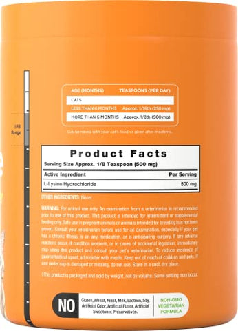 L-Lysine em Pó para Gatos | 500mg | 355ml | Suplemento para Saúde Felina | Fórmula Vegetariana, Livre de Transgênicos | por River - Horbäach