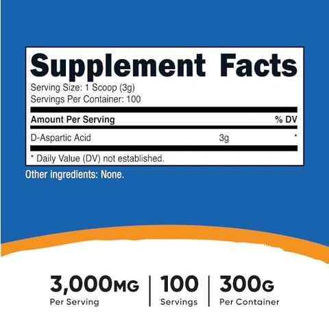 D-Aspartic Acid (DAA) em Pó 300g – Ácido D-Aspártico Puro - Nutricost
