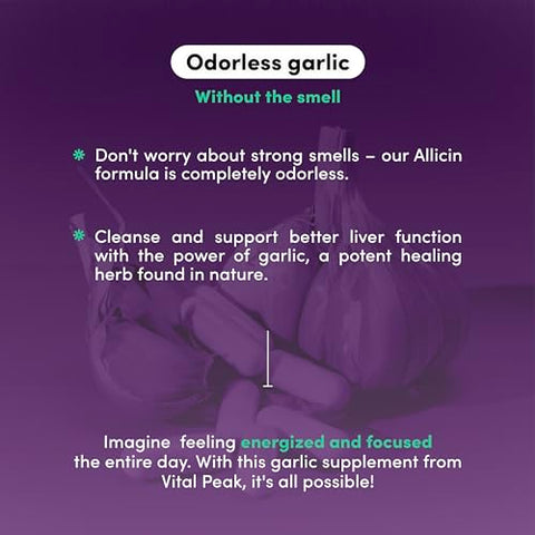 Vital Peak - Extrato de Alho Inodoro – Suplemento de Alho Herbal Rico em Alicina 300 mg para Suporte ao Coração, Fígado e Imunidade I Sem OGM, Sem Glúten, Vegano – 180 Cápsulas de Alho