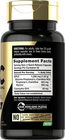 GPLC Glycine Propionyl-L-Carnitine HCL | 1250mg | 60 Cápsulas | Fórmula Avançada para Atletas | Não-OGM, Sem Glúten - Carlyle