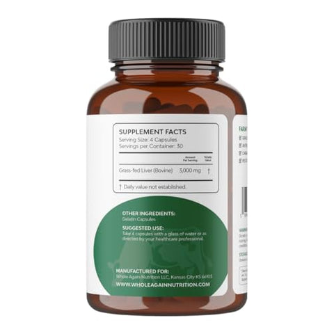 Whole Again Nutrition - Cápsulas de Fígado de Gado Criado a Pasto – 100% Natural – Sem Aditivos ou Agentes Químicos – 120 Unidades de 3.000mg – Suprimento de 30 Dias – Rico em Ferro e Energia – Fígado Desidratado de Gado Criado a Pasto