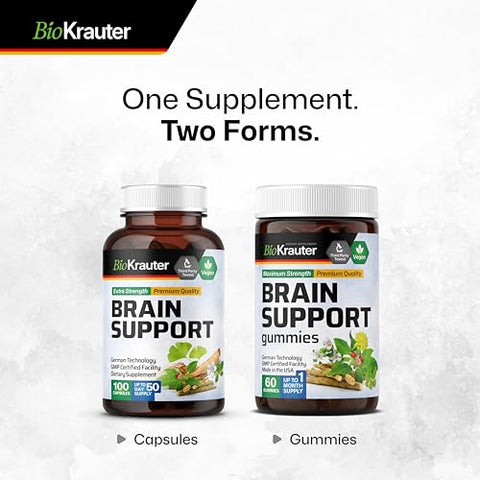 BIO KRAUTER - Suplemento de Suporte Cerebral – Ashwagandha, Panax Ginseng e Ginkgo Biloba – 1200 mg – 100 Cápsulas Veganas, Sem Preenchedores