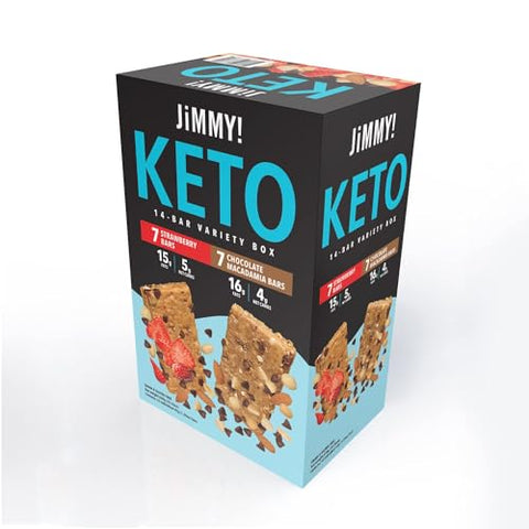 JIMMYBAR - JiMMY’S! Barras de Proteína Funcional Keto – Pack com 14 unidades – Pack com 7 Barras de Morango e 7 Barras de Macadâmia com Chocolate – Barra de Proteína com Baixo Carboidrato Líquido, Baixo