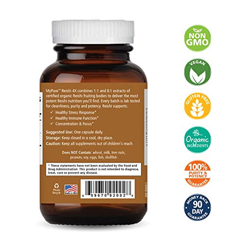 MyPure Reishi 4X – Suplemento de Cogumelos Orgânicos 100% Reais para Suporte Imunológico, Alívio do Estresse e Energia (60 Cápsulas) - PURE ESSENCE LABS