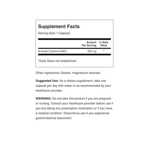 NAC N-Acetyl Cysteine 600 mg – 100 Cápsulas | Antioxidante e Suporte à Saúde Celular (2 Pacotes) - Swanson