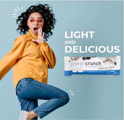 Barras de Proteína Power Crunch, Snacks com Alto Teor de Proteína e Sabor Delicioso, Cookies and Crème, 40g (12 Unidades)
