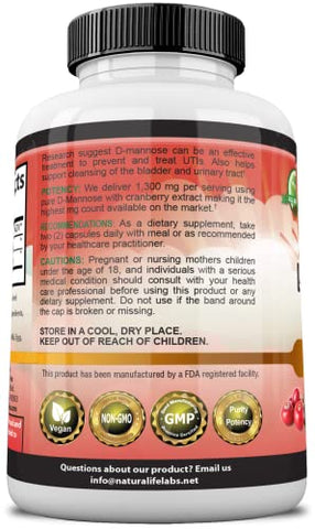 NaturaLife Labs A Higher Standard - D-Mannose 1,300 mg com Extrato de Cranberry – Ação Rápida, Elimina Impurezas, Saúde do Trato Urinário – 100 Cápsulas Vegetarianas