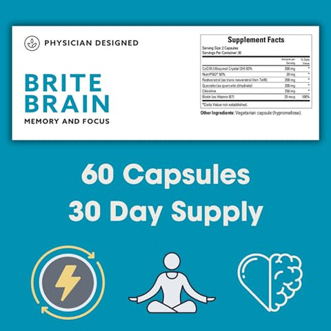 PD VARS - Suplemento Brite Brain Physician Designed | Ultra CoQ10 com PQQ | para Energia e Foco | 60 cápsulas | Marca Brite Brain