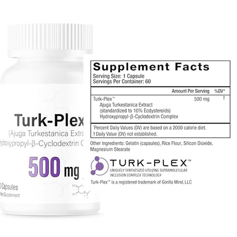 Turk-Plex® (Turkesterone) – Complexado com Hydroxypropyl-β-Cyclodextrin para Melhor Bioacessibilidade (500 mg x 60 Cápsulas) - Gorilla Mind
