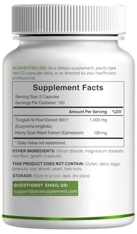 DEAL SUPPLEMENT - Extrato de Tongkat Ali 300:1 com Erva Daninha Horny Goat Weed 1.100mg, 240 Cápsulas – Longjack Indonésio